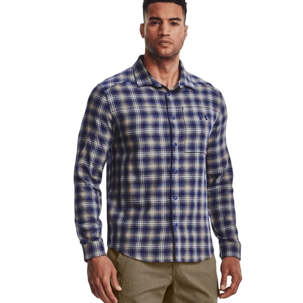Under Armour Mens Tradesman Plaid Snap Front Flannel Blue Tan Sz XL Outdoor